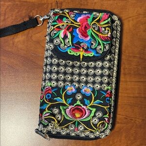 Boho Lady Embroidered Floral Black Wristlet Cell Phone Pocket Wallet Inside